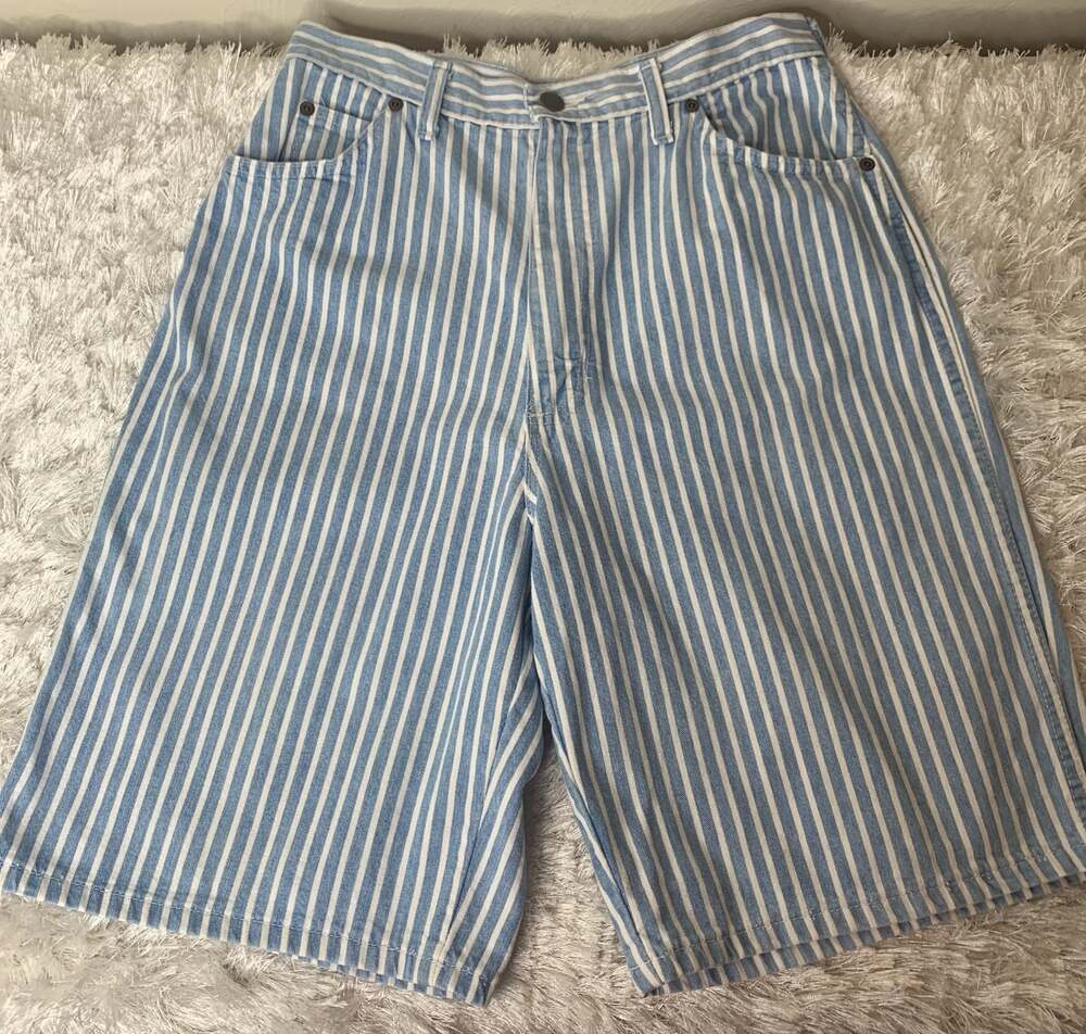 Vintage Light Blue Stripe Denim Bermuda Shorts Jorts Sz XS Waist 23"